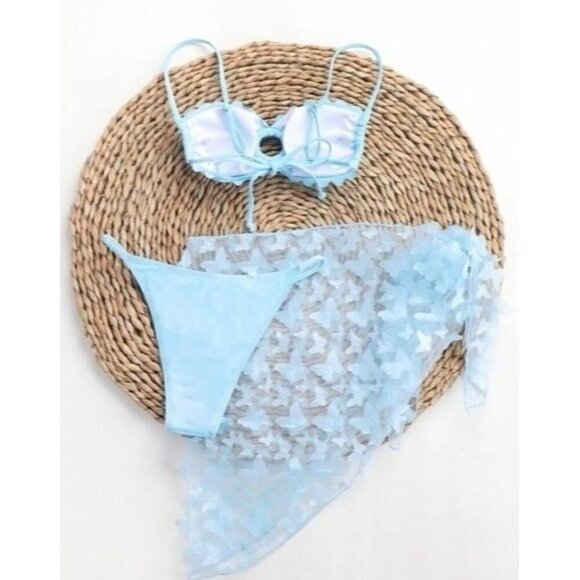 3Pack Plain Scallop Trim Ring Linked Bikini Swimsuit & BeachSkirt - Picture 4 of 9